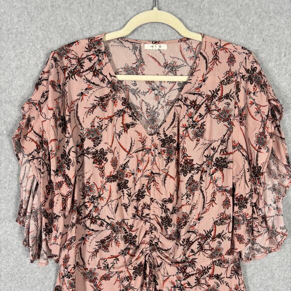 Maurices Top Womens Large Pink Floral Blouse Ruffle Ruched Boho Western Cottage - Picture 2 of 12